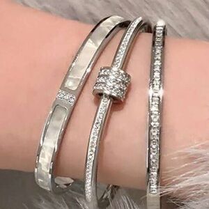 🔥🔥🆕3PC Silver Stainless Steel Elegant Crystal cubic zirconia  Bracelet Set